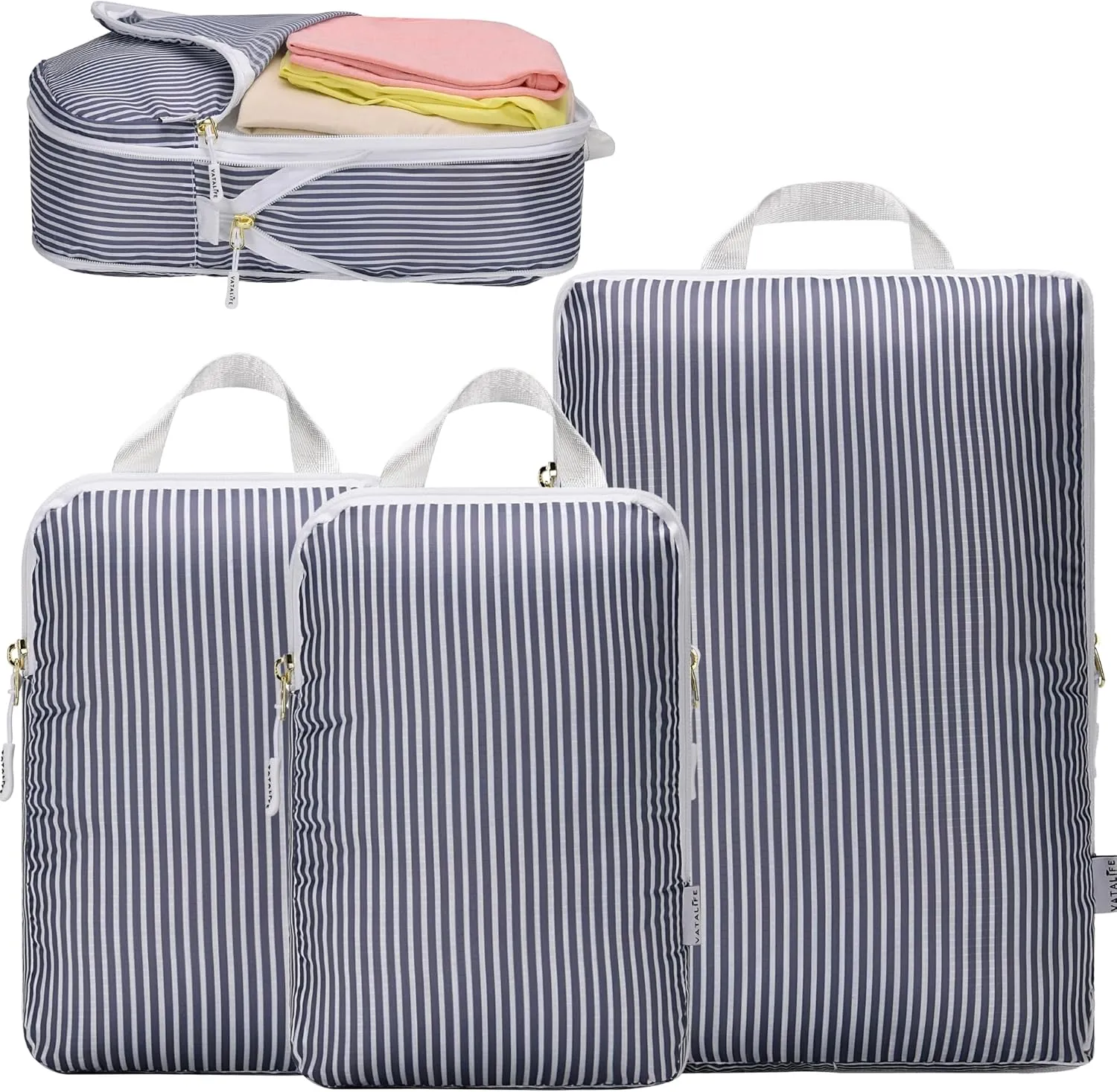 Packing Cubes Luggage Organizer Bags for Suitcase & Backpack, Compression Packing Cubes for Travel, Lightweight Luggage Organizers, Travel Cubes for Packing, Vacation Essentials, 3pc Set - Grey Stripe