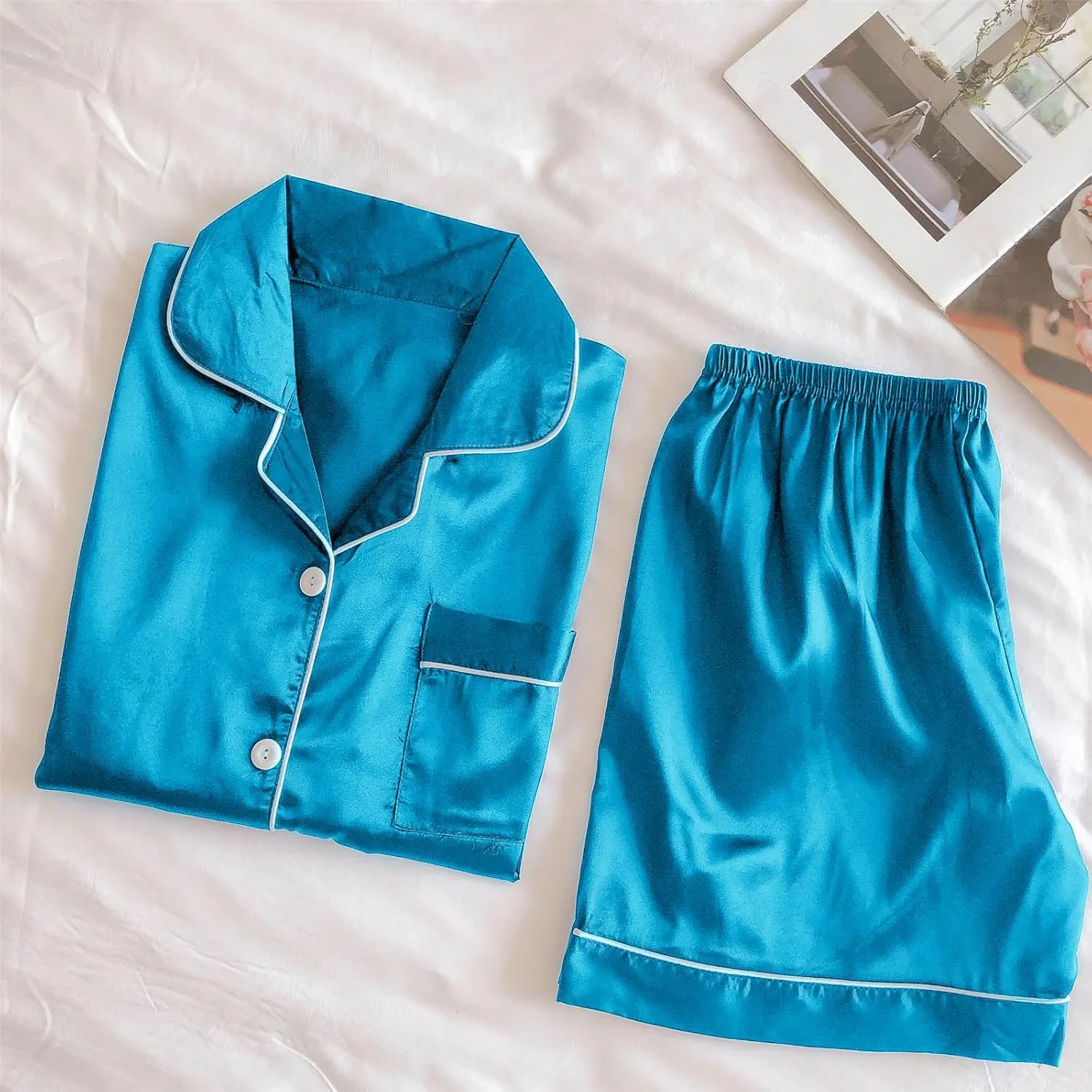 Pajama Set 2024 Fashion Womens Silk Short Sleeve V Neck Shirt with Long Pant Soft Loungewear Pjs Set