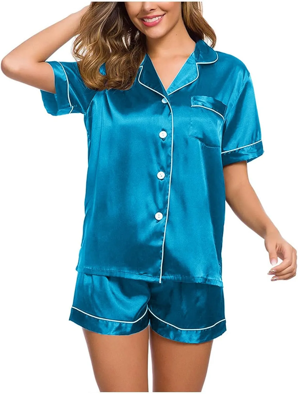 Pajama Set 2024 Fashion Womens Silk Short Sleeve V Neck Shirt with Long Pant Soft Loungewear Pjs Set