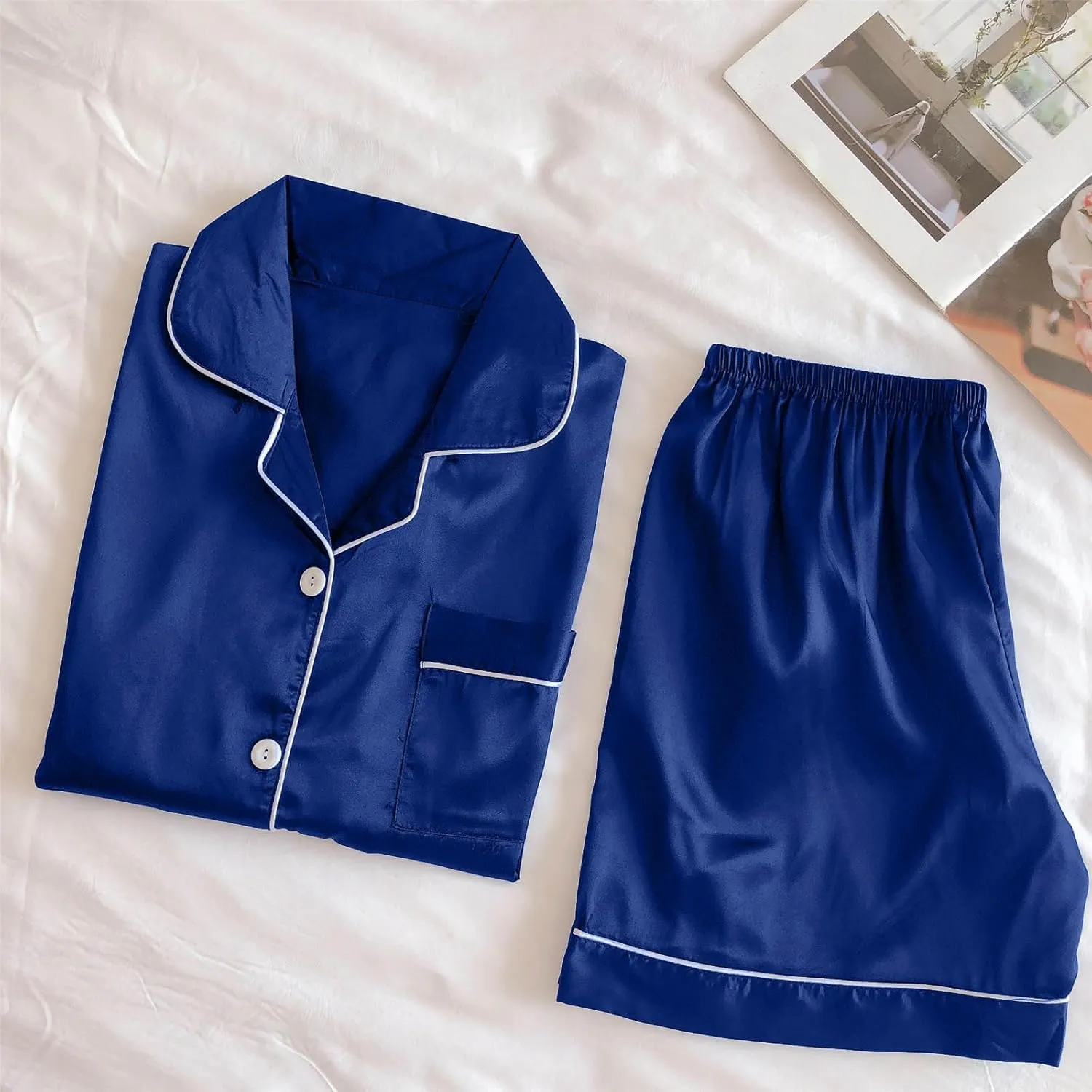 Pajama Set 2024 Fashion Womens Silk Short Sleeve V Neck Shirt with Long Pant Soft Loungewear Pjs Set