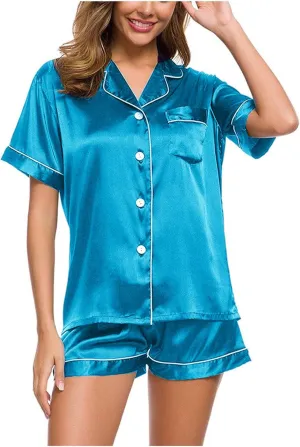 Pajama Set 2024 Fashion Womens Silk Short Sleeve V Neck Shirt with Long Pant Soft Loungewear Pjs Set