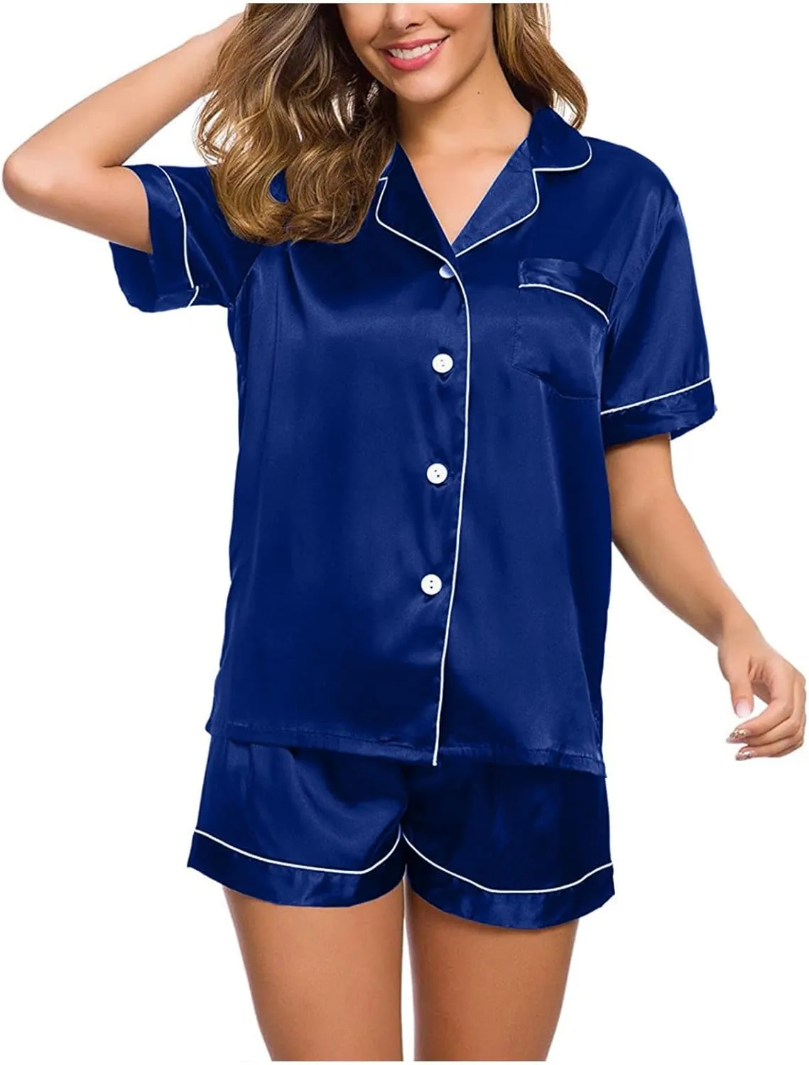 Pajama Set 2024 Fashion Womens Silk Short Sleeve V Neck Shirt with Long Pant Soft Loungewear Pjs Set