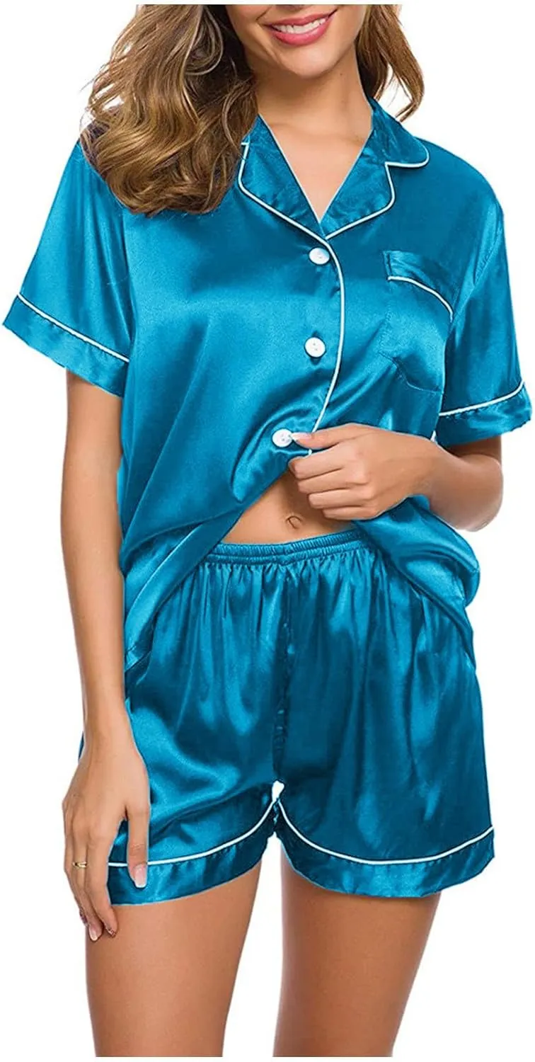 Pajama Set 2024 Fashion Womens Silk Short Sleeve V Neck Shirt with Long Pant Soft Loungewear Pjs Set