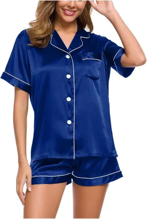 Pajama Set 2024 Fashion Womens Silk Short Sleeve V Neck Shirt with Long Pant Soft Loungewear Pjs Set