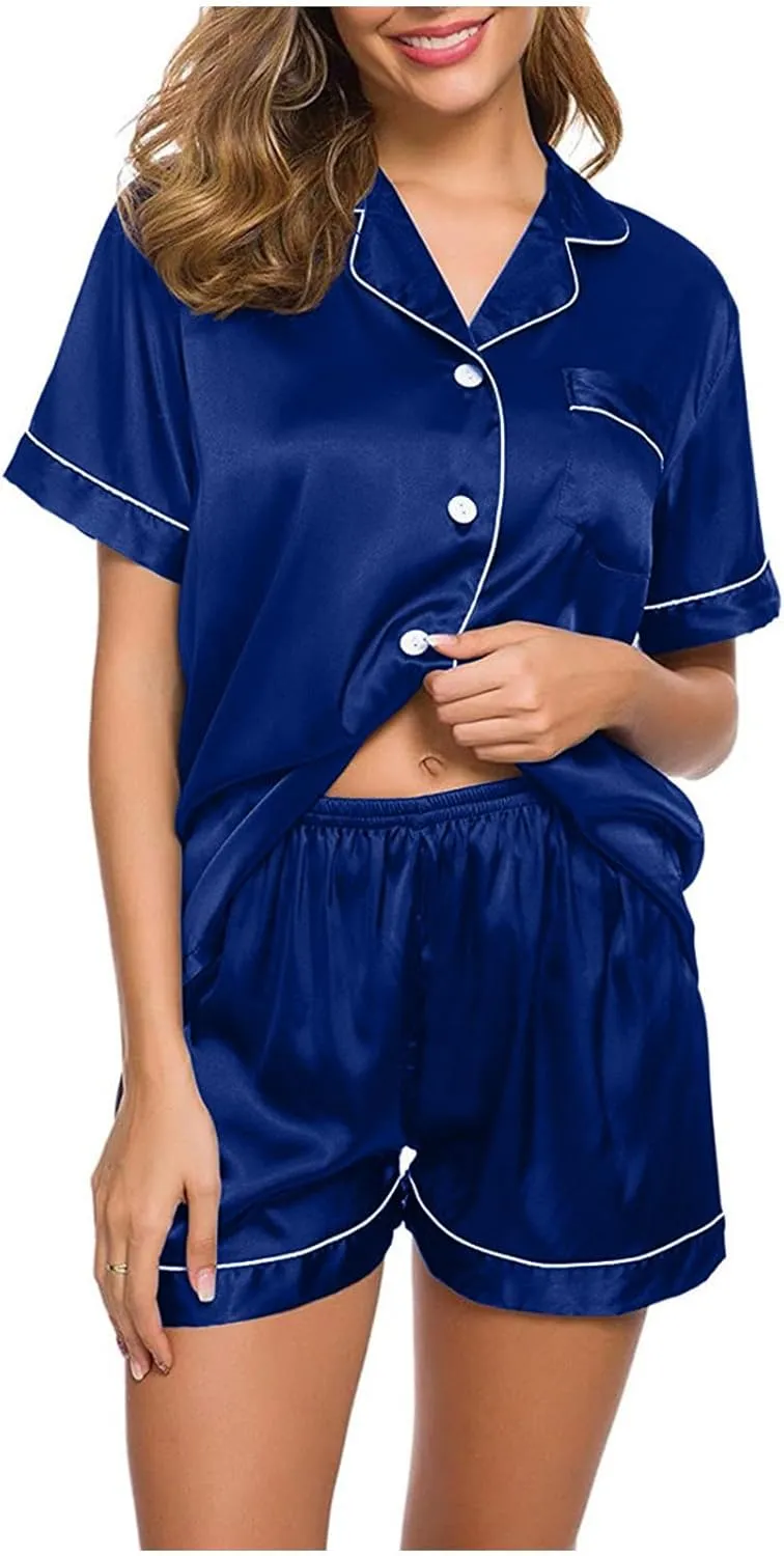 Pajama Set 2024 Fashion Womens Silk Short Sleeve V Neck Shirt with Long Pant Soft Loungewear Pjs Set