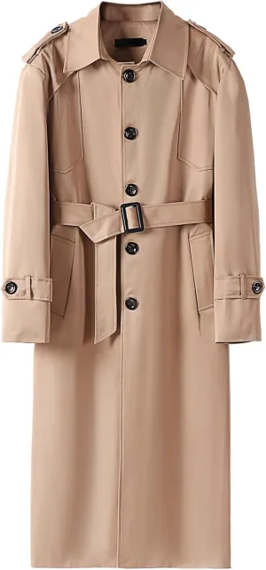Pantete Men's Long Trench Coat Single Breasted Oversized Windbreaker Lapel Belted Outfit Jacket