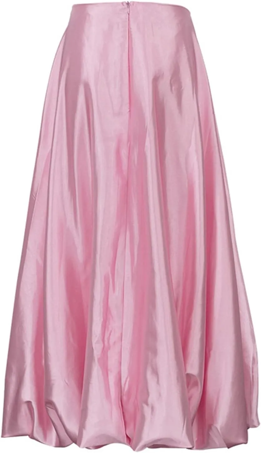 Perbai Women's High Waisted A Line Flare Satin Midi Skirt Balloon Party Skirt