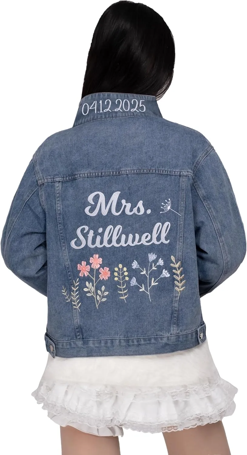 Personalized Embroidered Womens Jean Jackets Custom Bride Denim Jacket Wedding Anniversary Birthday Party Coat