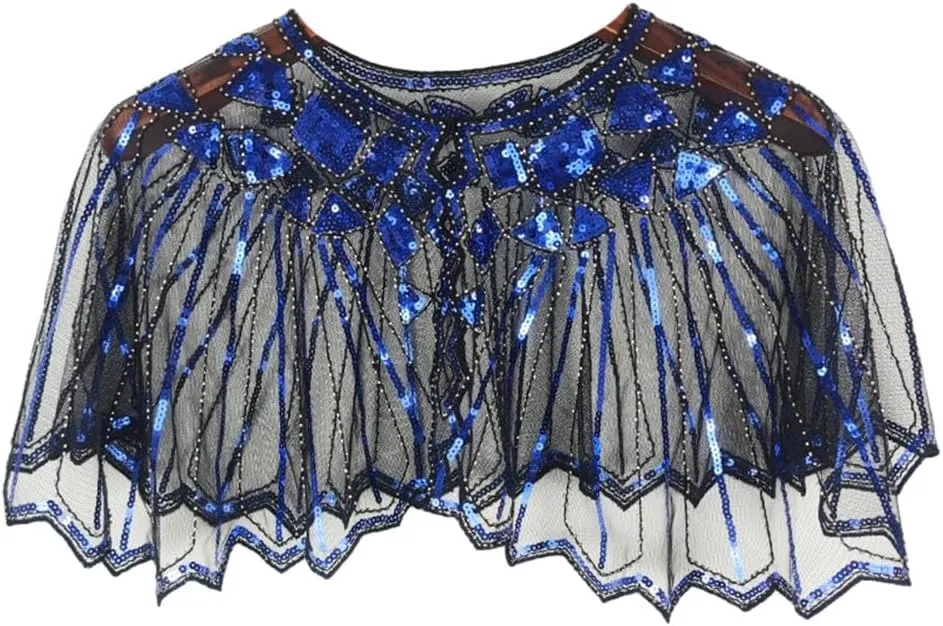 PHEZEN 1920s Shawl Women's Vintage Mesh Cloak Beaded Sequin Deco Evening Cape Bolero Flapper Cover Up, Black Blue