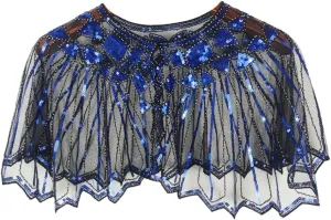 PHEZEN 1920s Shawl Women's Vintage Mesh Cloak Beaded Sequin Deco Evening Cape Bolero Flapper Cover Up, Black Blue