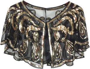 PHEZEN Women 1920s Shawl Wraps Sequin Beaded Evening Dress Shawl Bridal Cape Vintage Mesh Cloak, Black Gold