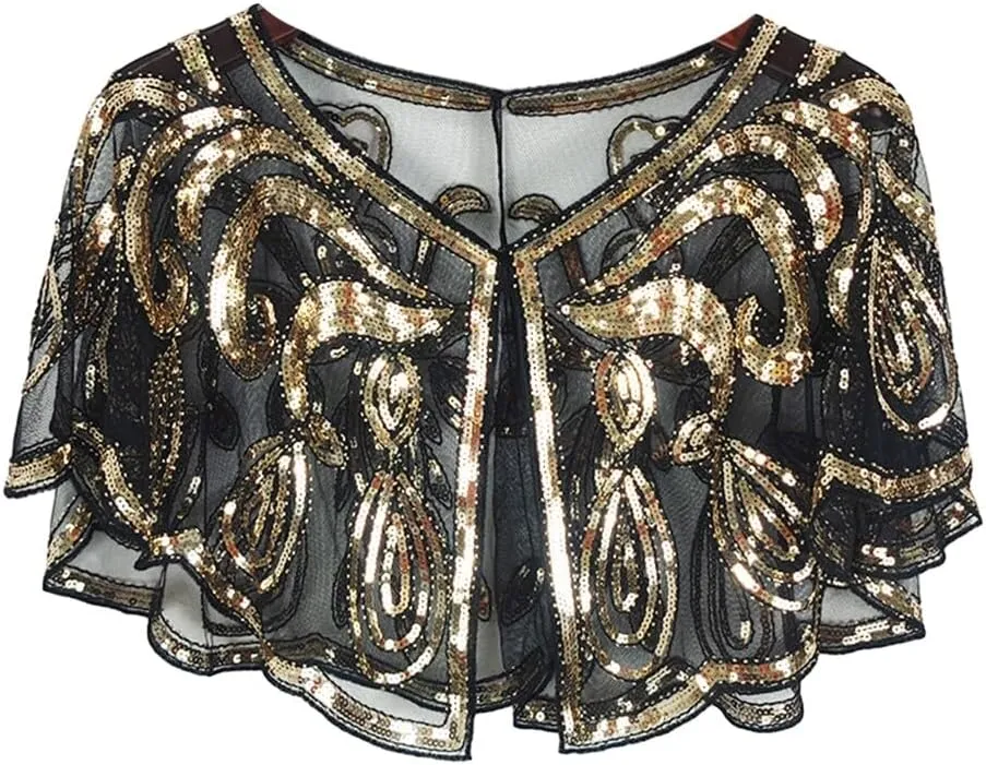 PHEZEN Women 1920s Shawl Wraps Sequin Beaded Evening Dress Shawl Bridal Cape Vintage Mesh Cloak, Black Gold