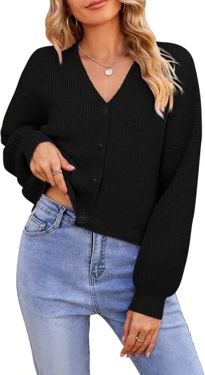 Pink Queen Women's 2025 Fall Button Down V Neck Batwing Long Sleeve Ribbed Knit Cropped Cardigan Sweater Top