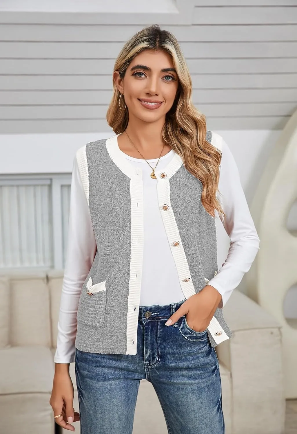 Pink Queen Women's Sweater Vest 2024 Sleeveless Knit Crewneck Button Down Tank Tops Fashion Casual Loose Summer Cardigans