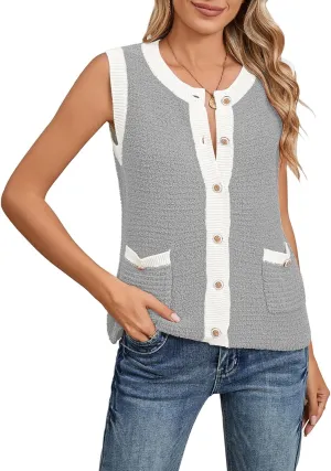 Pink Queen Women's Sweater Vest 2024 Sleeveless Knit Crewneck Button Down Tank Tops Fashion Casual Loose Summer Cardigans