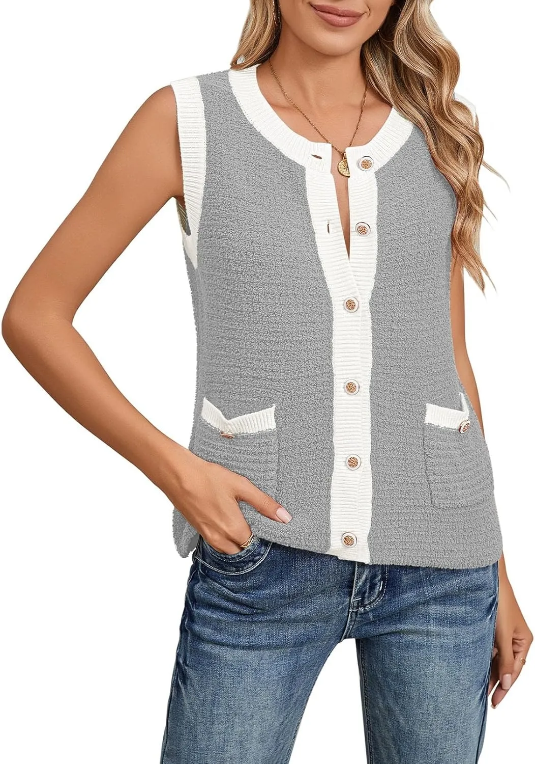 Pink Queen Women's Sweater Vest 2024 Sleeveless Knit Crewneck Button Down Tank Tops Fashion Casual Loose Summer Cardigans