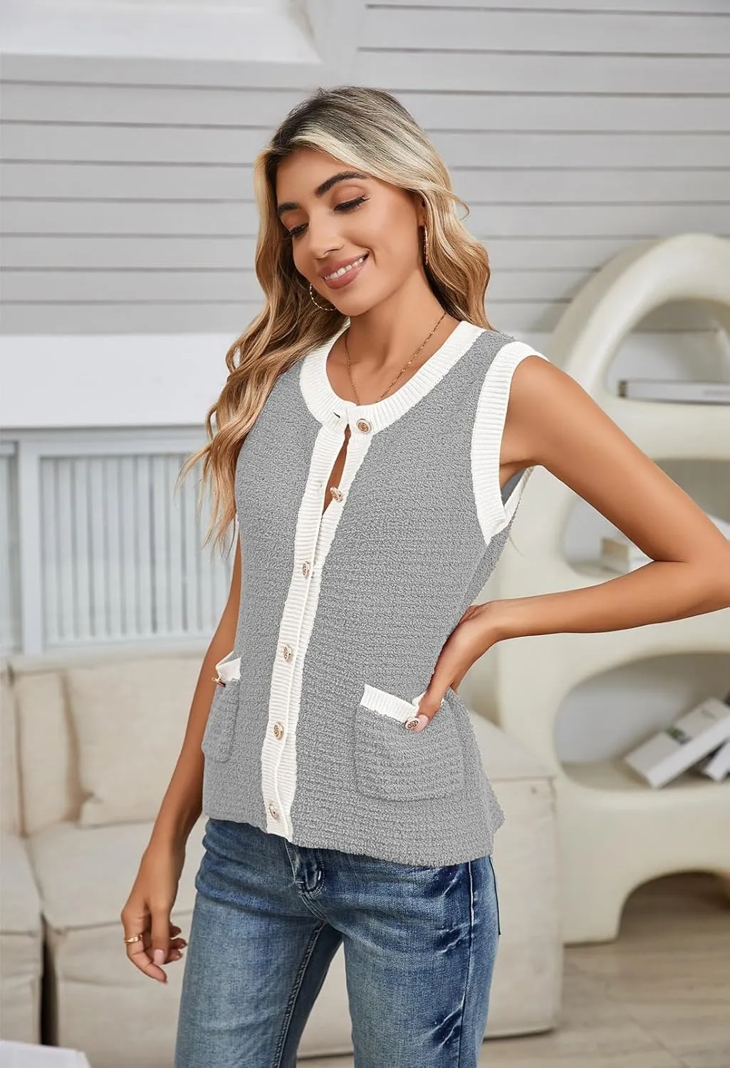 Pink Queen Women's Sweater Vest 2024 Sleeveless Knit Crewneck Button Down Tank Tops Fashion Casual Loose Summer Cardigans
