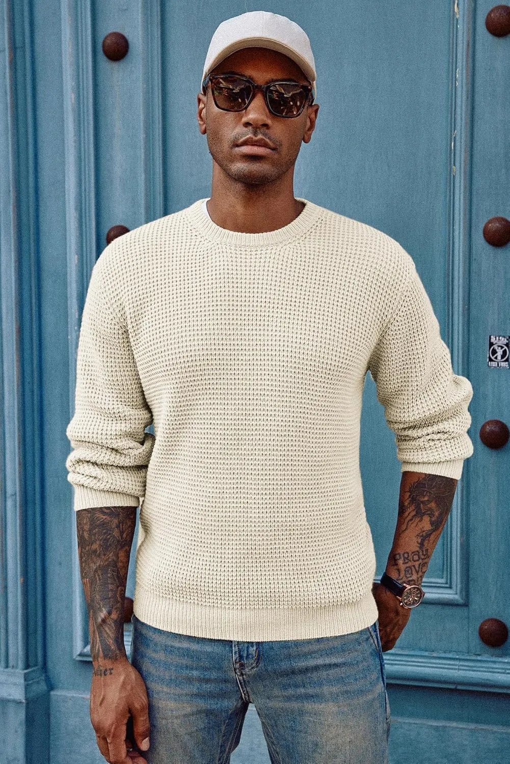 PJ PAUL JONES Mens Crewneck Pullover Sweater Waffle Textured Long Sleeve Knitted Sweaters