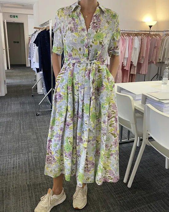 Pleat Shirty Dress Linen Garden Blue