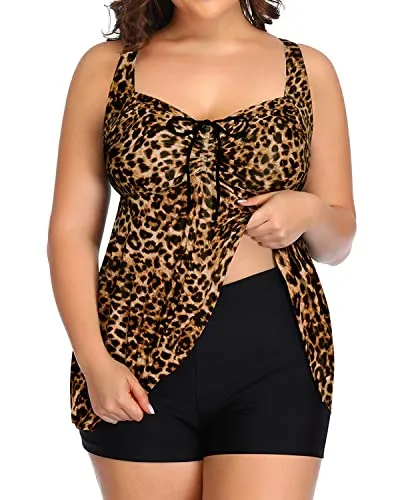 Plus Size Adjustable Shoulder Straps And Buckle Swimsuits For Women-Black And Leopard