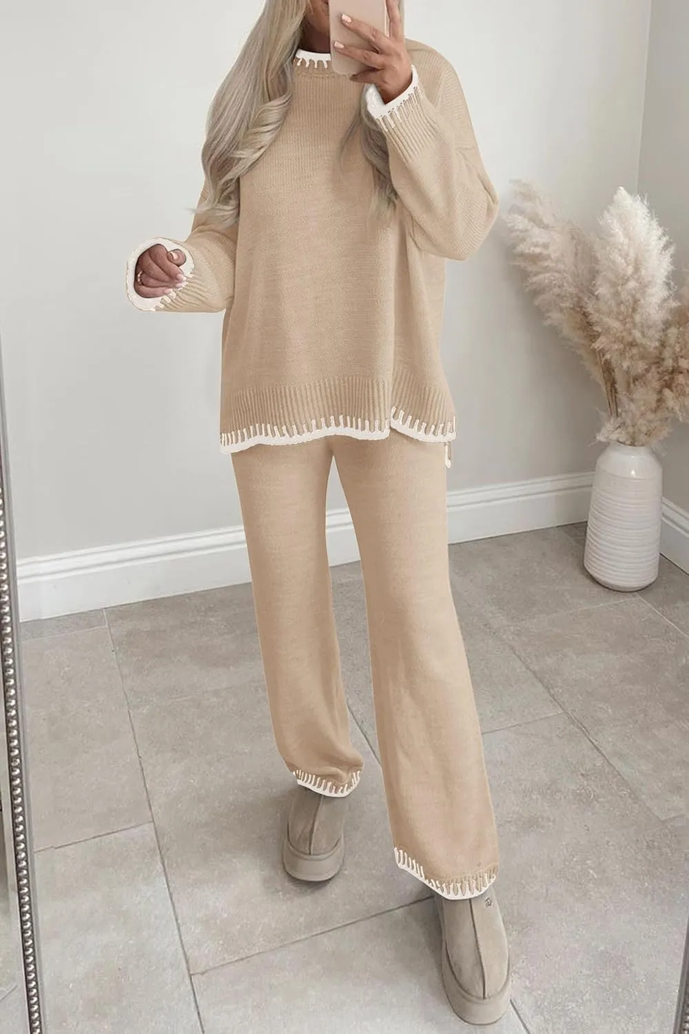 PRETTYGARDEN Women's 2 Piece Knit Sweater Outfit Casual Long Sleeve Pullover Wide Leg Pants Tracksuit Loungewear Set