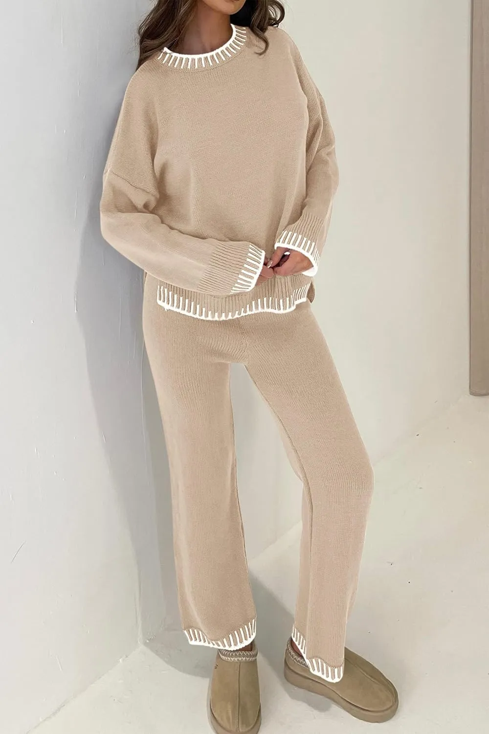 PRETTYGARDEN Women's 2 Piece Knit Sweater Outfit Casual Long Sleeve Pullover Wide Leg Pants Tracksuit Loungewear Set