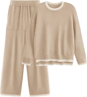 PRETTYGARDEN Women's 2 Piece Knit Sweater Outfit Casual Long Sleeve Pullover Wide Leg Pants Tracksuit Loungewear Set