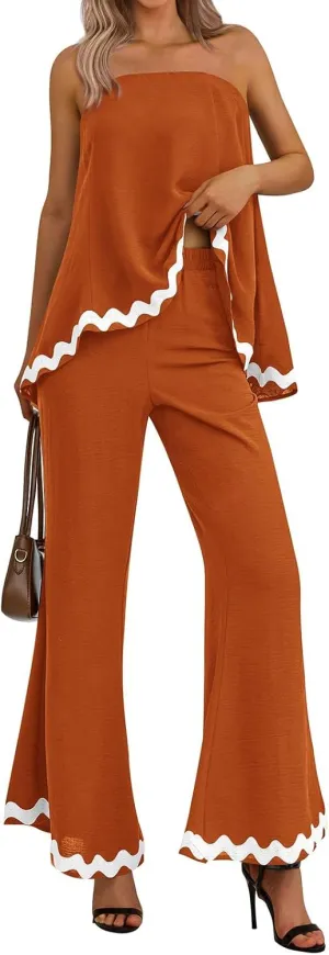 PRETTYGARDEN Women's 2 Piece Outfits 2024 Summer Beach Flowy Womens Tops Dressy Casual Lounge Sets for Women Wide Leg Pants