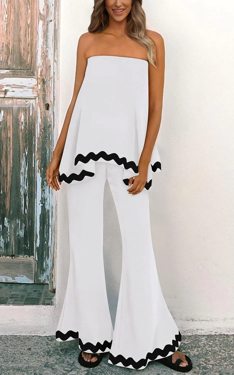 PRETTYGARDEN Women's 2 Piece Outfits 2024 Summer Beach Flowy Womens Tops Dressy Casual Lounge Sets for Women Wide Leg Pants