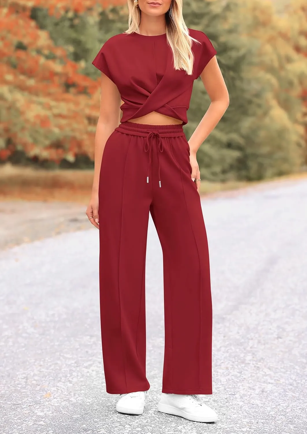 PRETTYGARDEN Women's Summer Two Piece Outfits Tracksuit Twist Front Crop Tops T Shirts Wide Leg Pants Matching Lounge Sets