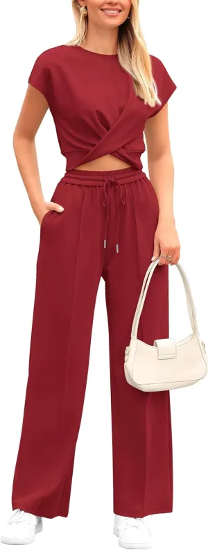 PRETTYGARDEN Women's Summer Two Piece Outfits Tracksuit Twist Front Crop Tops T Shirts Wide Leg Pants Matching Lounge Sets