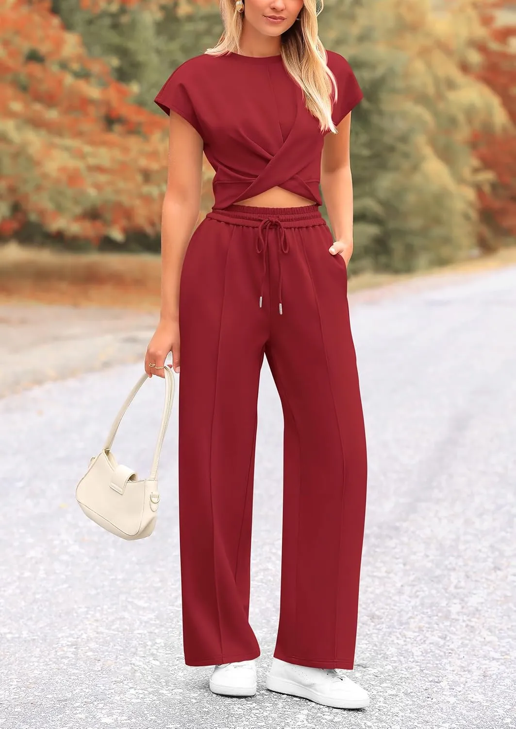 PRETTYGARDEN Women's Summer Two Piece Outfits Tracksuit Twist Front Crop Tops T Shirts Wide Leg Pants Matching Lounge Sets