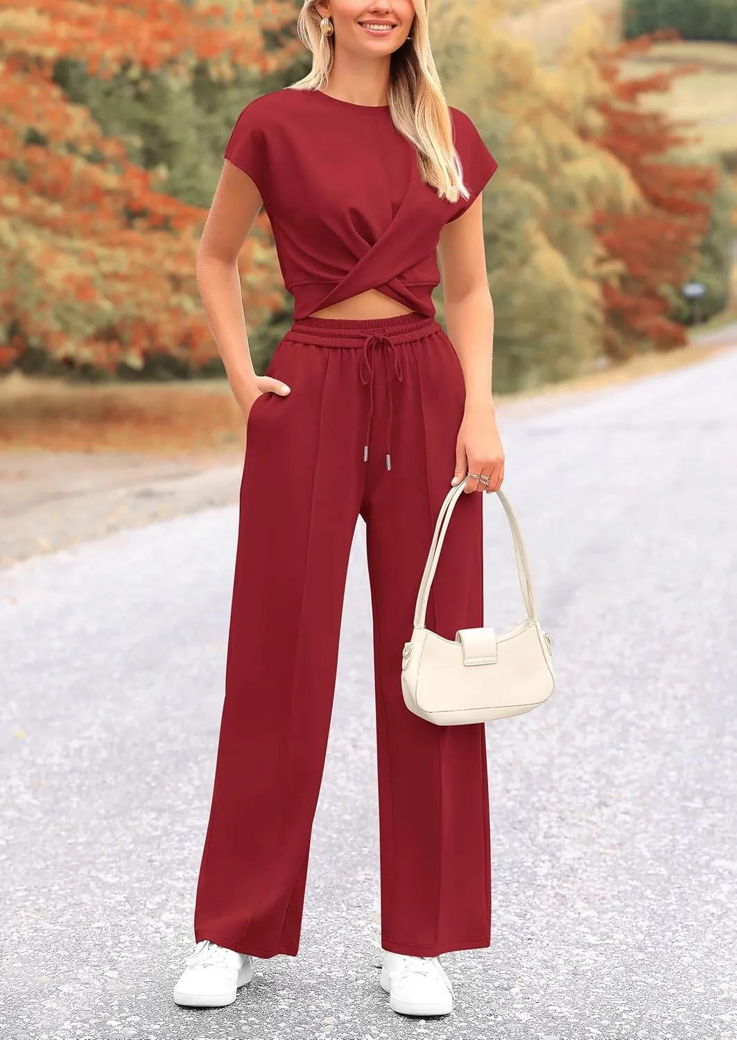 PRETTYGARDEN Women's Summer Two Piece Outfits Tracksuit Twist Front Crop Tops T Shirts Wide Leg Pants Matching Lounge Sets