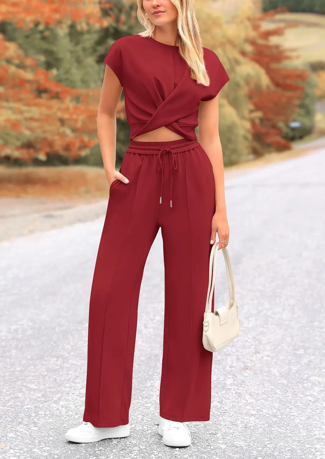 PRETTYGARDEN Women's Summer Two Piece Outfits Tracksuit Twist Front Crop Tops T Shirts Wide Leg Pants Matching Lounge Sets