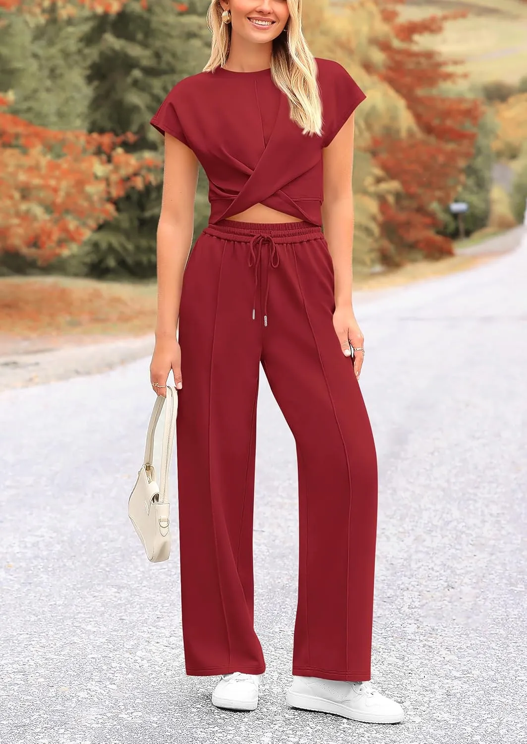 PRETTYGARDEN Women's Summer Two Piece Outfits Tracksuit Twist Front Crop Tops T Shirts Wide Leg Pants Matching Lounge Sets