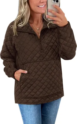 PRETTYGARDEN Women's Winter Quilted Sweatshirt Casual Quarter Zip Collared Long Sleeve V Neck Pullover Tops
