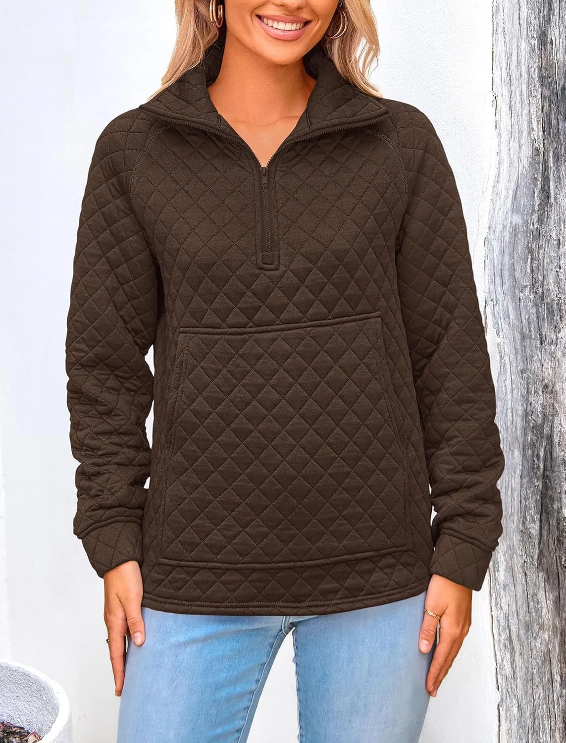 PRETTYGARDEN Women's Winter Quilted Sweatshirt Casual Quarter Zip Collared Long Sleeve V Neck Pullover Tops