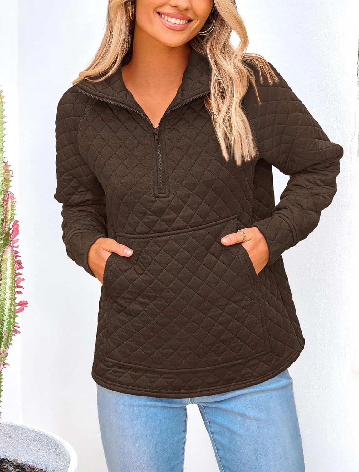 PRETTYGARDEN Women's Winter Quilted Sweatshirt Casual Quarter Zip Collared Long Sleeve V Neck Pullover Tops