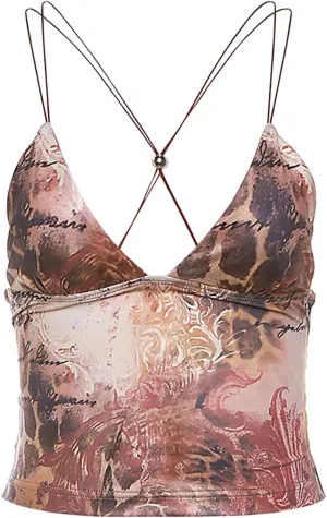 Printed Camisole Tank Tops for Women V Neck Spaghetti Strap Blouses Cross Back Sleeveless Cami Shirt Y2k Clothing