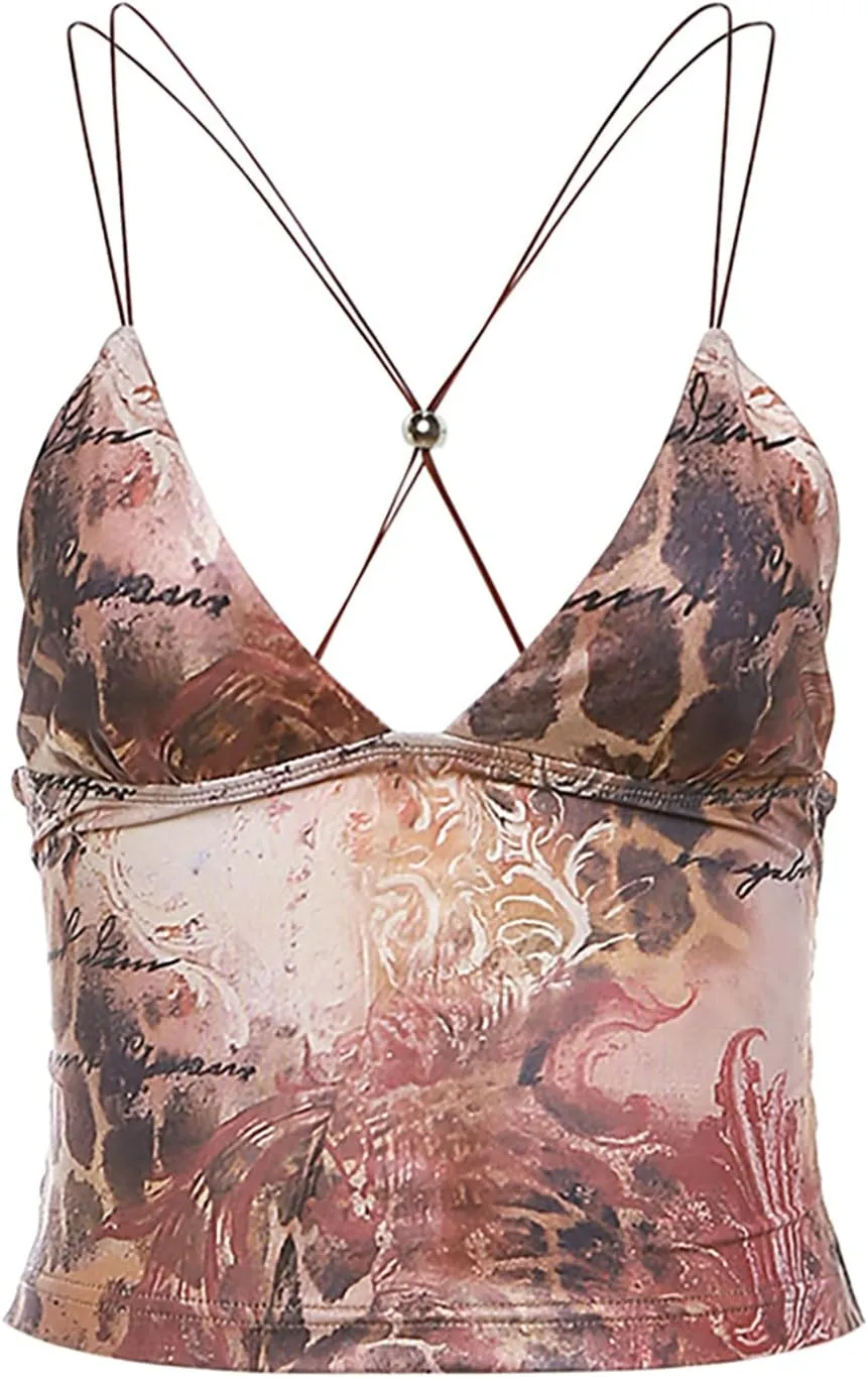 Printed Camisole Tank Tops for Women V Neck Spaghetti Strap Blouses Cross Back Sleeveless Cami Shirt Y2k Clothing