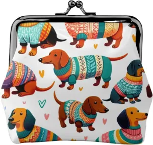 Pu Leather Buckle Coin Purse Colorful-Dachshunds-In-Sweaters Girls Kiss-Lock Change Purse Wallets