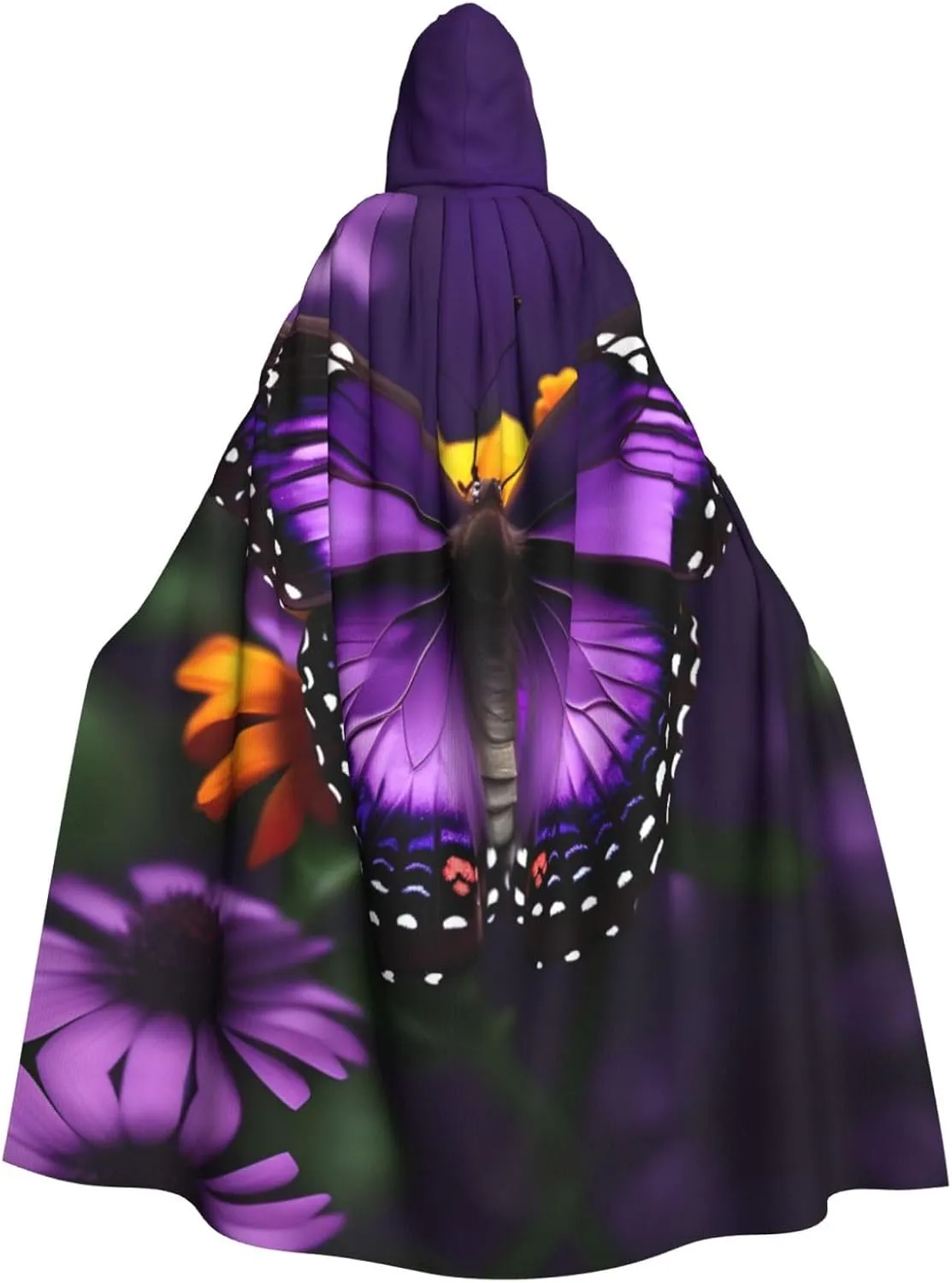 Purple Butterfly And Flower Print Halloween Hooded Cloak Adults Stylish Cape For Carnivals Themed Parties Cosplays