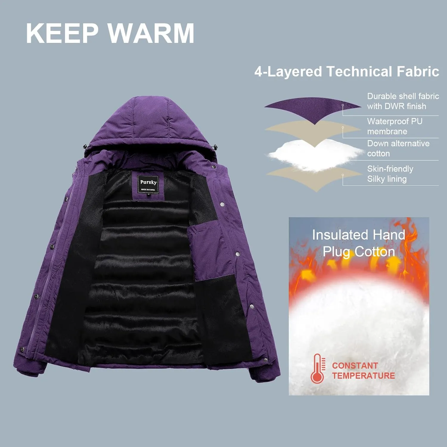 Pursky Women's Warm Winter Thicken Coat Waterproof Cropped Jackets Parka With Removable Hood