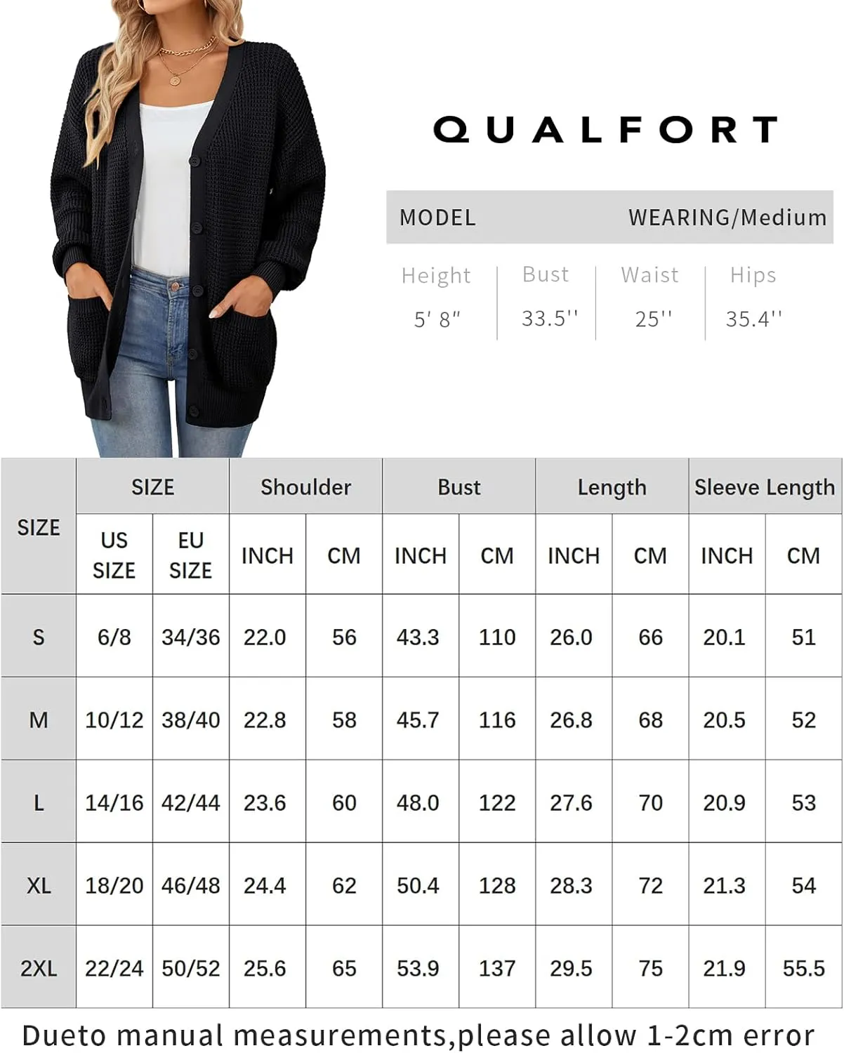 QUALFORT Women's Cardigan Sweater 100% Cotton Button-Down Long Sleeve Oversized Knit Cardigans with Pockets