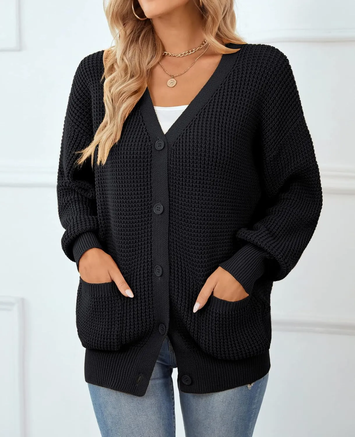 QUALFORT Women's Cardigan Sweater 100% Cotton Button-Down Long Sleeve Oversized Knit Cardigans with Pockets