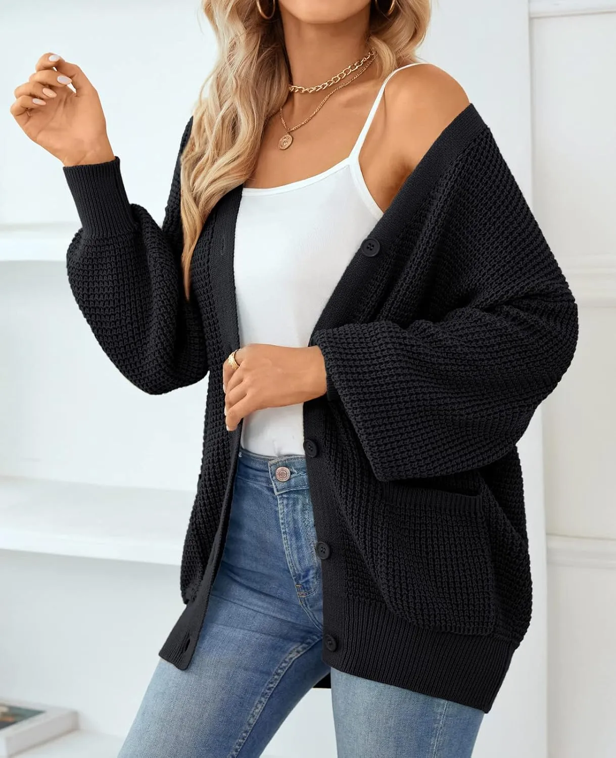 QUALFORT Women's Cardigan Sweater 100% Cotton Button-Down Long Sleeve Oversized Knit Cardigans with Pockets