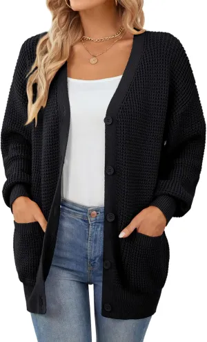 QUALFORT Women's Cardigan Sweater 100% Cotton Button-Down Long Sleeve Oversized Knit Cardigans with Pockets
