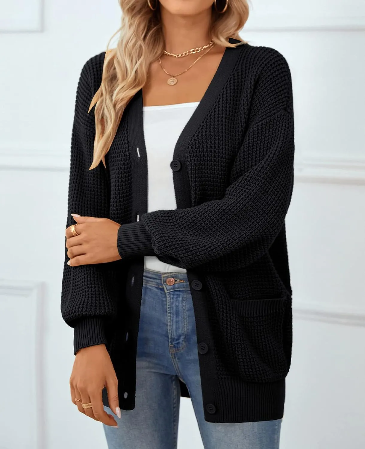 QUALFORT Women's Cardigan Sweater 100% Cotton Button-Down Long Sleeve Oversized Knit Cardigans with Pockets