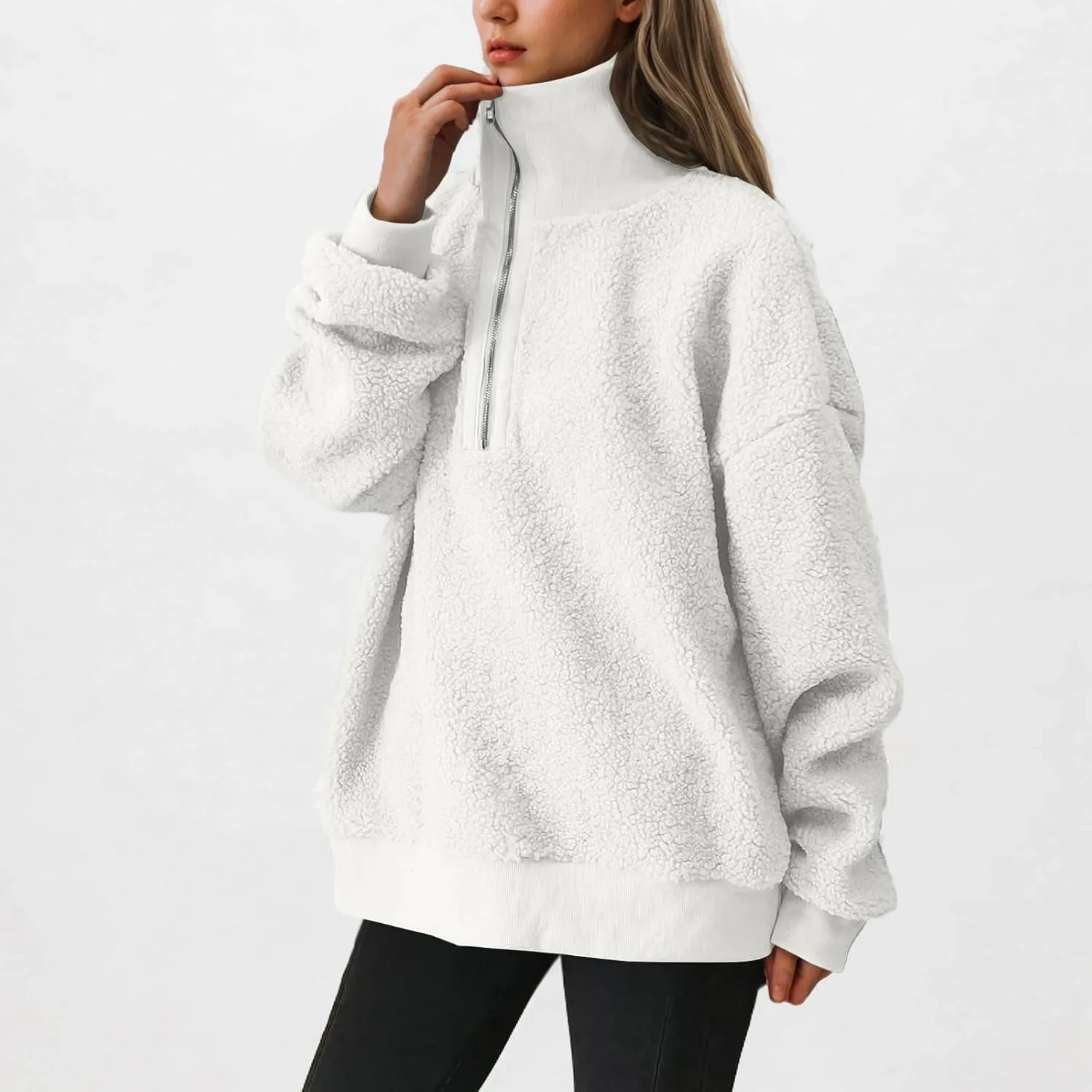 Quarter Zip Pullover Womens Sherpa Jackets Fleece Fuzzy Sweatshirt Casual Winter Coats Fashion Fall 2024 Outerwear