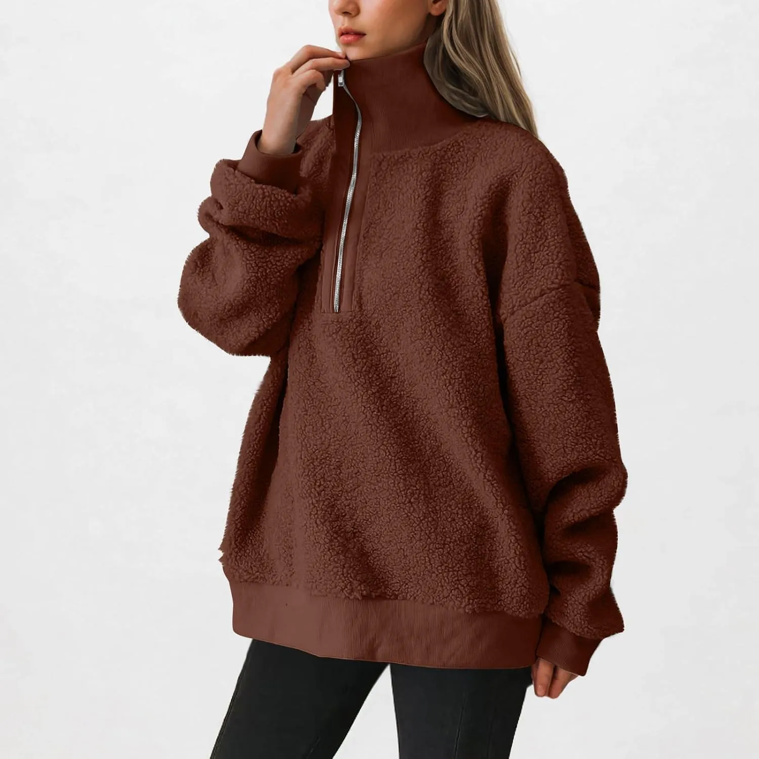 Quarter Zip Pullover Womens Sherpa Jackets Fleece Fuzzy Sweatshirt Casual Winter Coats Fashion Fall 2024 Outerwear